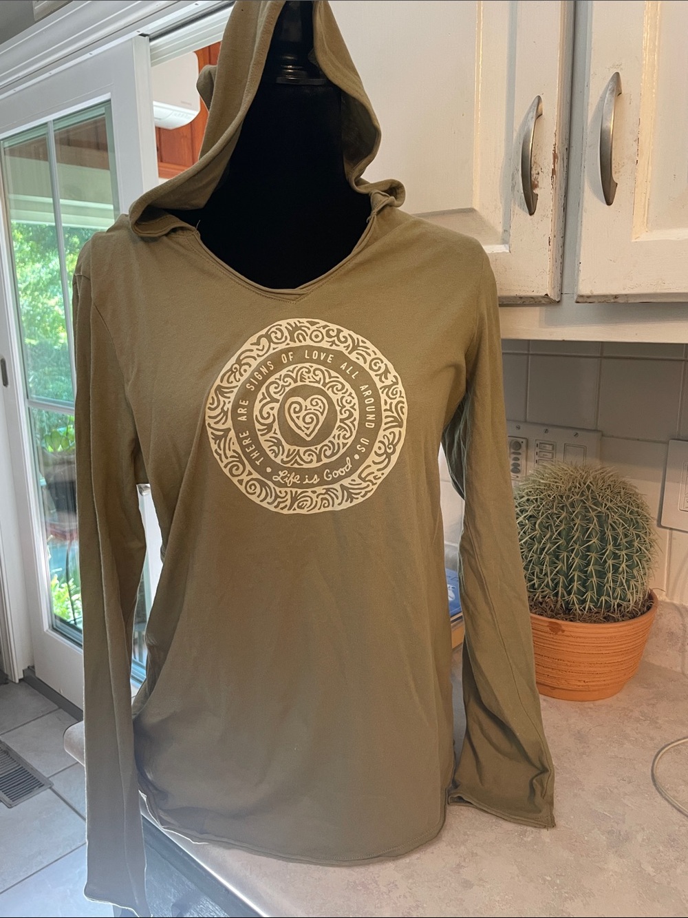 Life Is Good Long-Sleeve Hooded Graphic Top in Olive Green